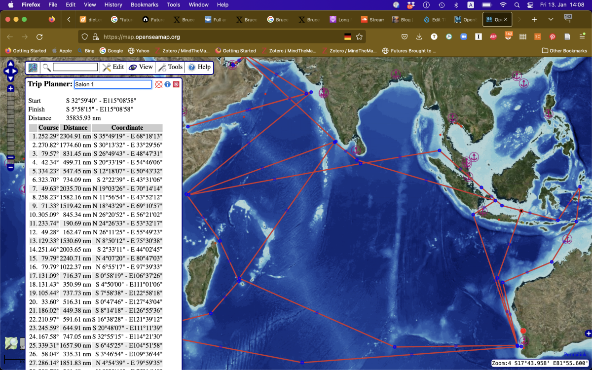 Chart showing various imaginary routes across the Indian Ocean