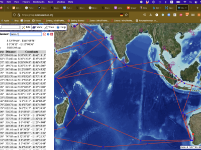 Chart showing various imaginary routes across the Indian Ocean